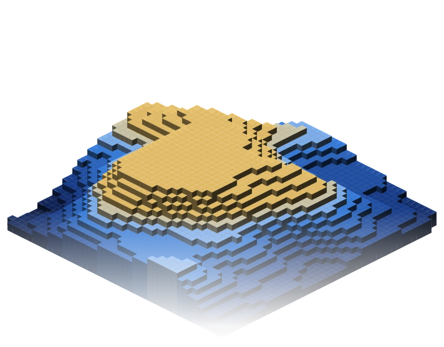 A fully built terrain with gold-lit peaks.
