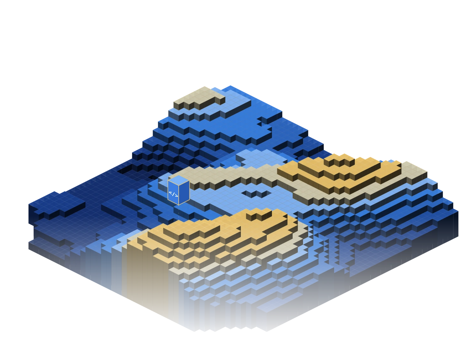 An isometric island of stepped blocks rising from a flat grid, its tallest peaks lit gold, with a small blue block floating above.