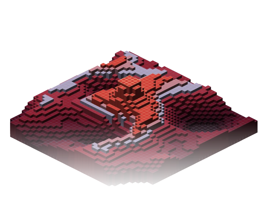 A dark crimson isometric island of jagged blocks with a single tall spire at its centre.